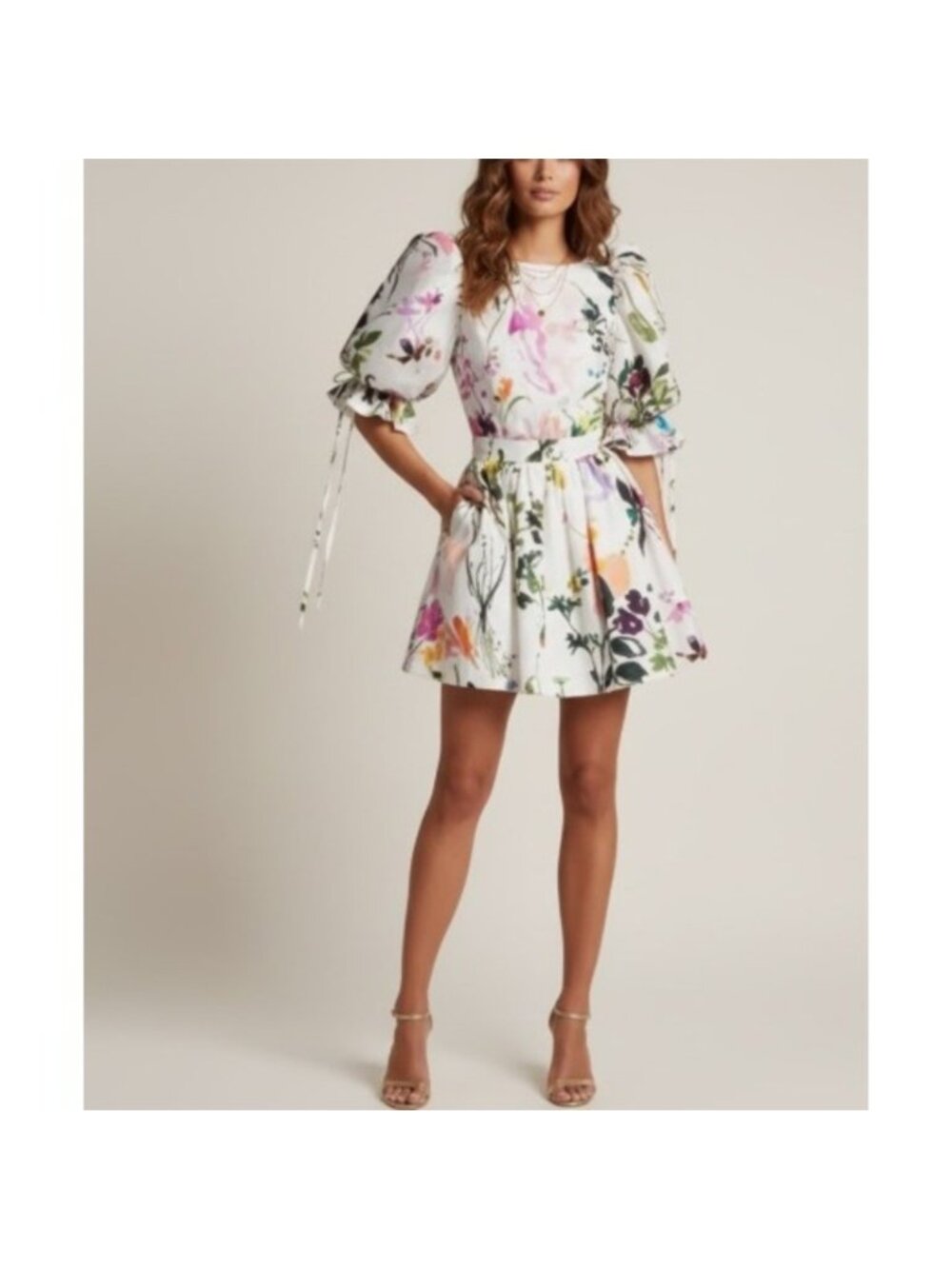 Aje Drift Floral Print Puff Sleeve Mini Dress‎ Open Back Cotton US XS / AU 6